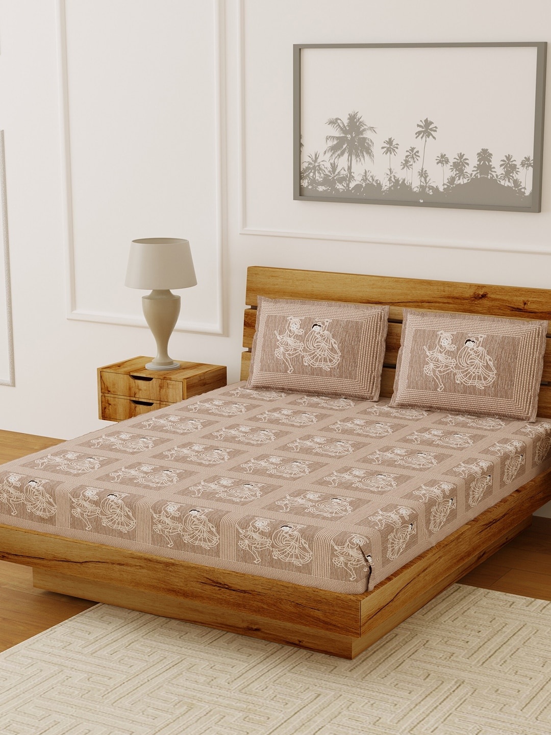 

LIVING ROOTS Brown & White Ethnic Motifs 144 TC Cotton 1 Queen Bedsheet with 2 Pillow Covers