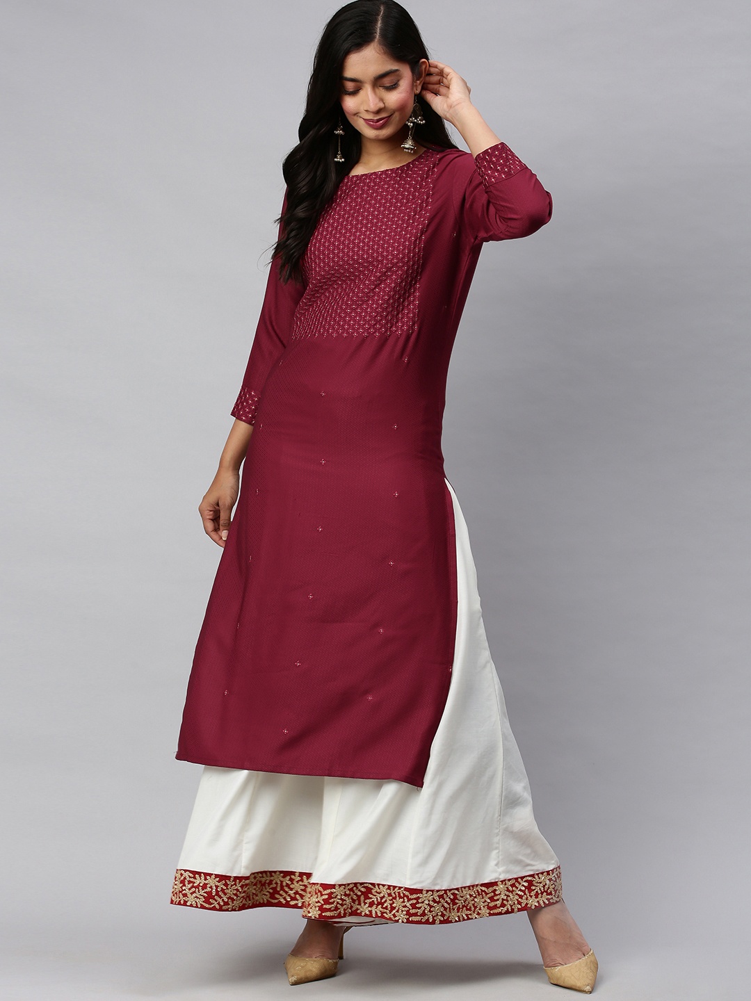 

AHIKA Women Maroon Yoke Design Embroidered Straight Kurta