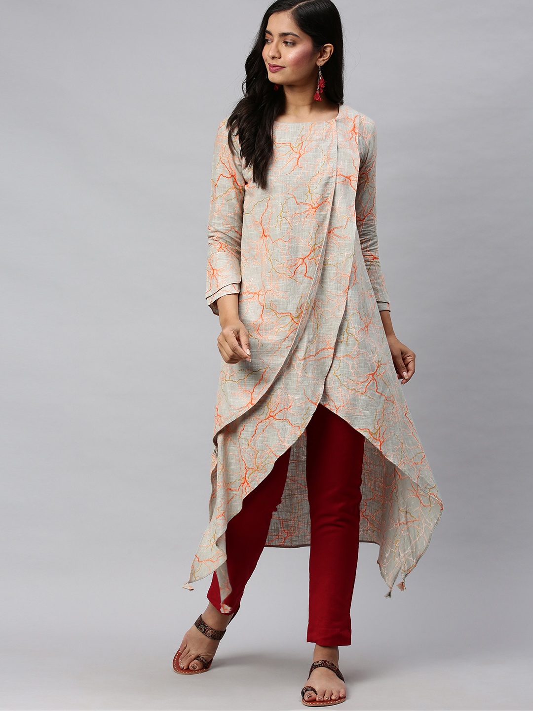 

AHIKA Women Grey & Orange Printed A-Line Kurta