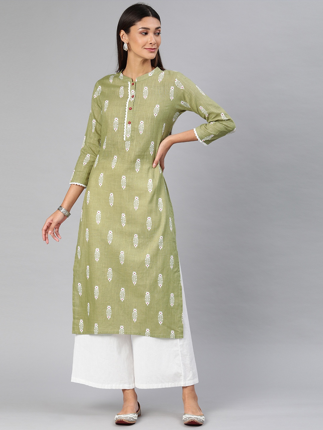 

AHIKA Women Green & White Printed Straight Kurta