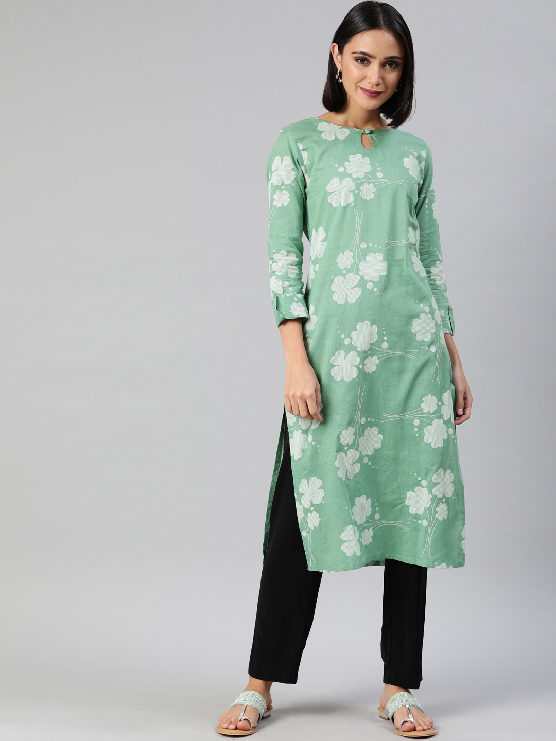 

AHIKA Women Green & White Printed A-Line Kurta