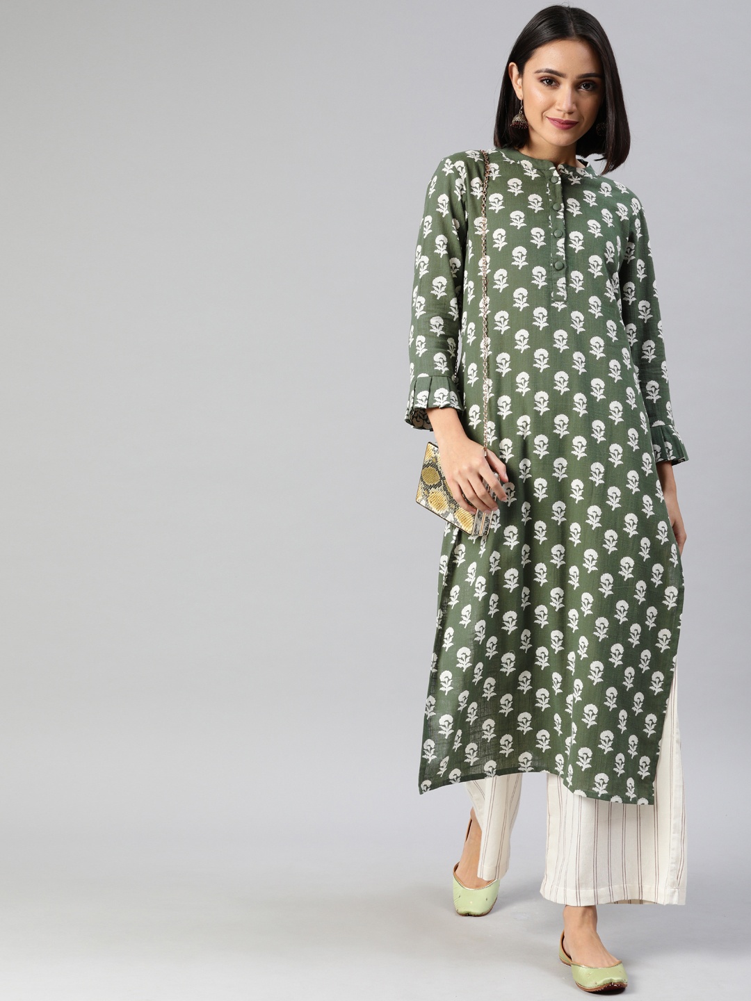 

AHIKA Women Green & White Printed A-Line Kurta