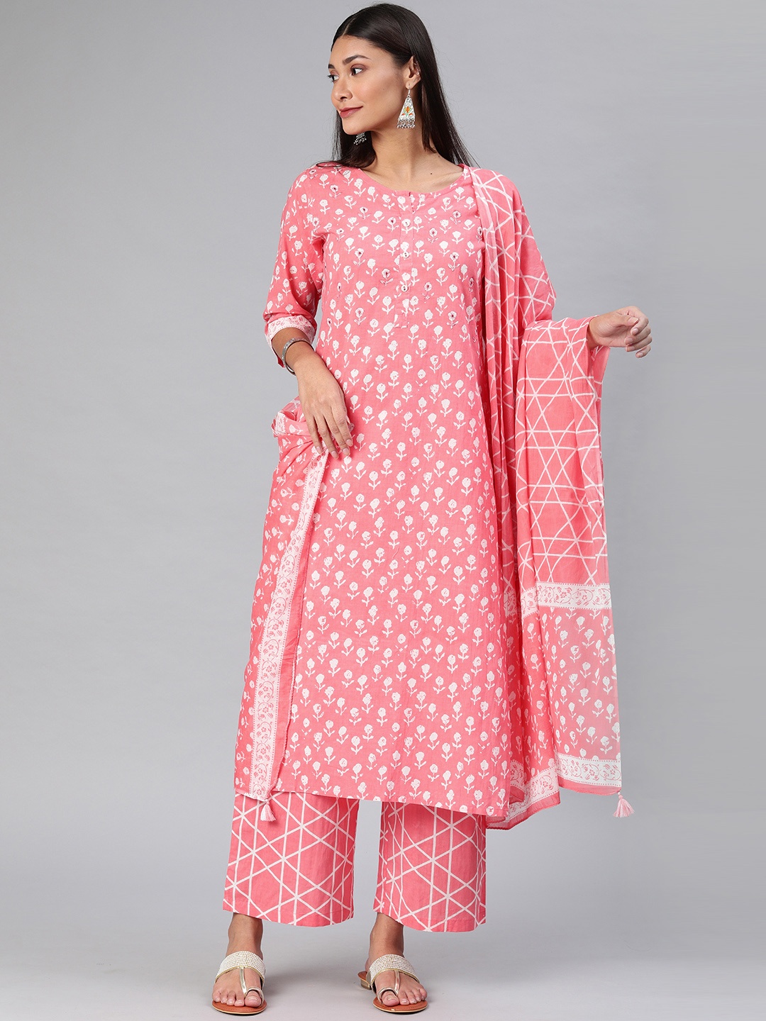 

AHIKA Women Coral & White Printed Kurta with Palazzos & Dupatta
