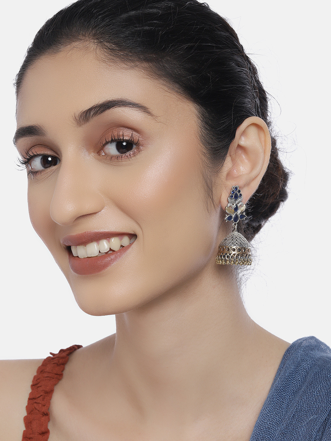 

Peora Blue & Gold-Toned Silver-Plated Oxidised Dome Shaped Jhumkas