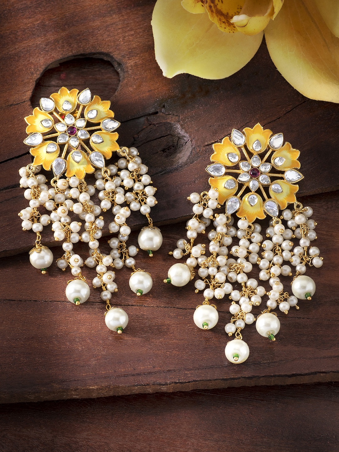 

Peora Gold-Plated Meenakari Enamelled Handcrafted Hand-Painted Classic Drop Earrings, Yellow