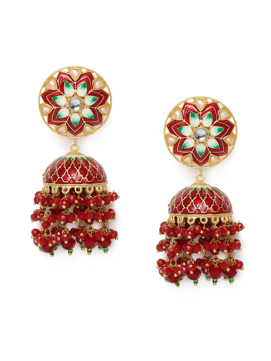

Peora Red Gold-Plated Handcrafted Enamelled Meenakari Kundan Dome Shaped Jhumkas