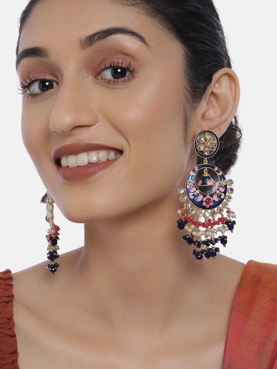 

Peora Blue & Pink Gold-Plated Enamelled Meenakari Handcrafted Kundan Classic Drop Earrings