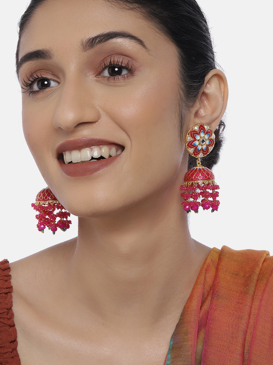 

Peora Magenta Gold-Plated Enamelled Dome Shaped Jhumkas