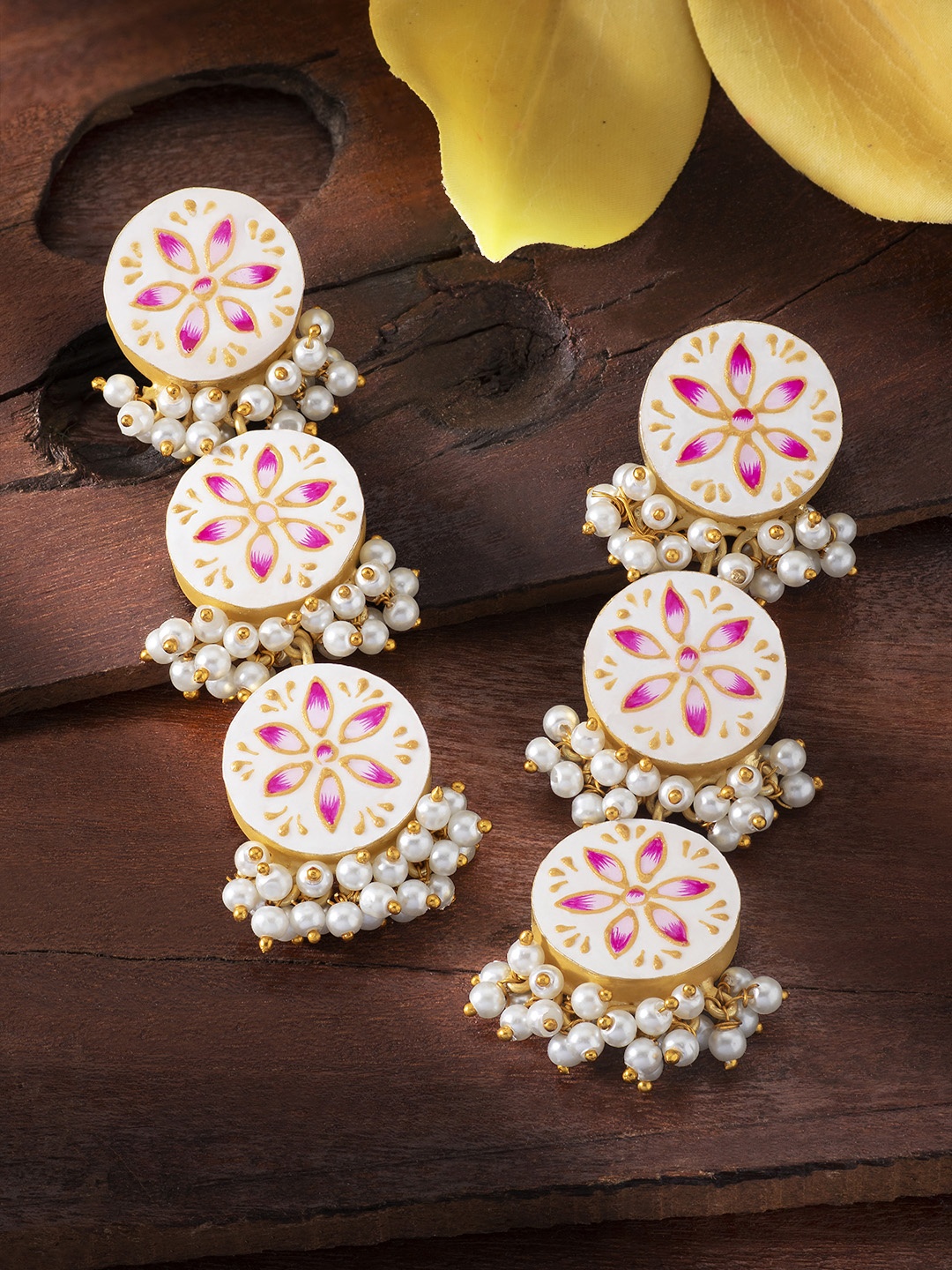 

Peora Cream-Coloured & Gold-Plated Circular Drop Earrings