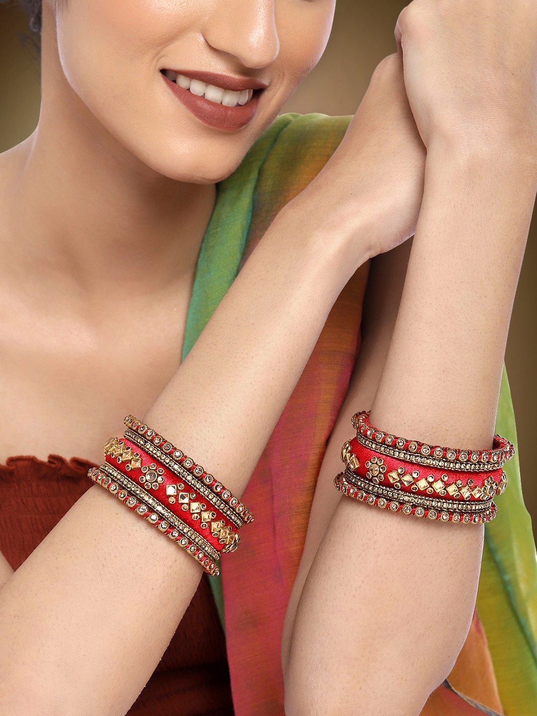 

Peora Women Gold-Plated & Red Velvet Silk Thread Chuda Chura Bangle Set