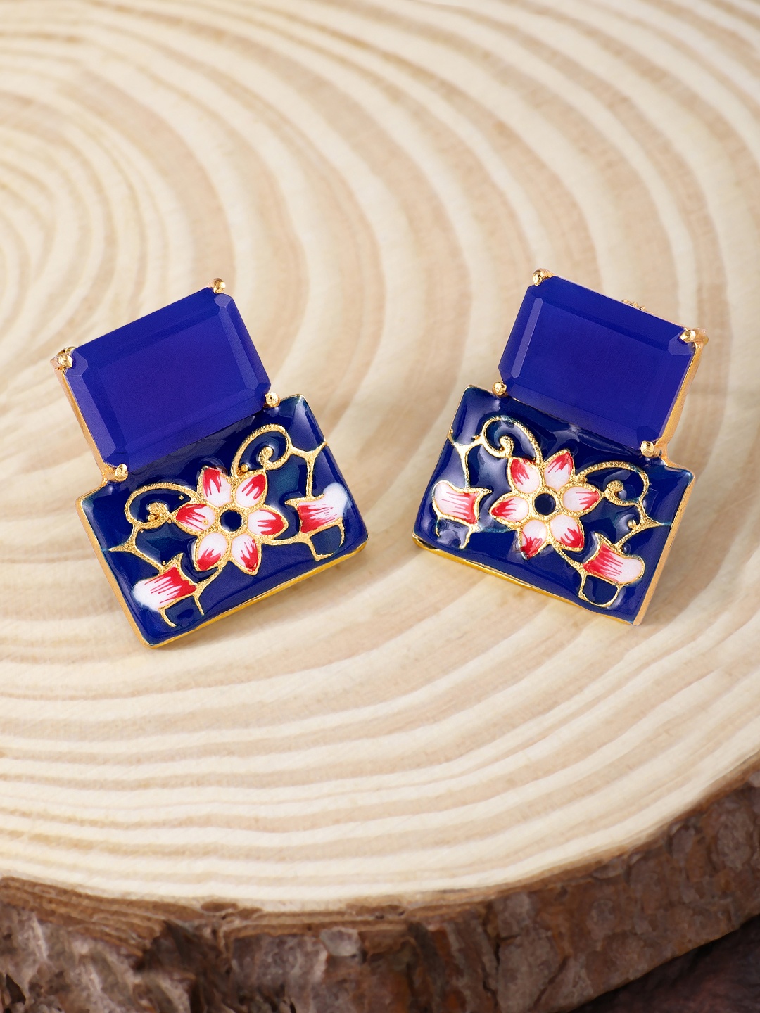 

Peora Blue & Yellow Gold-Plated Crystal Studded Geometric Studs