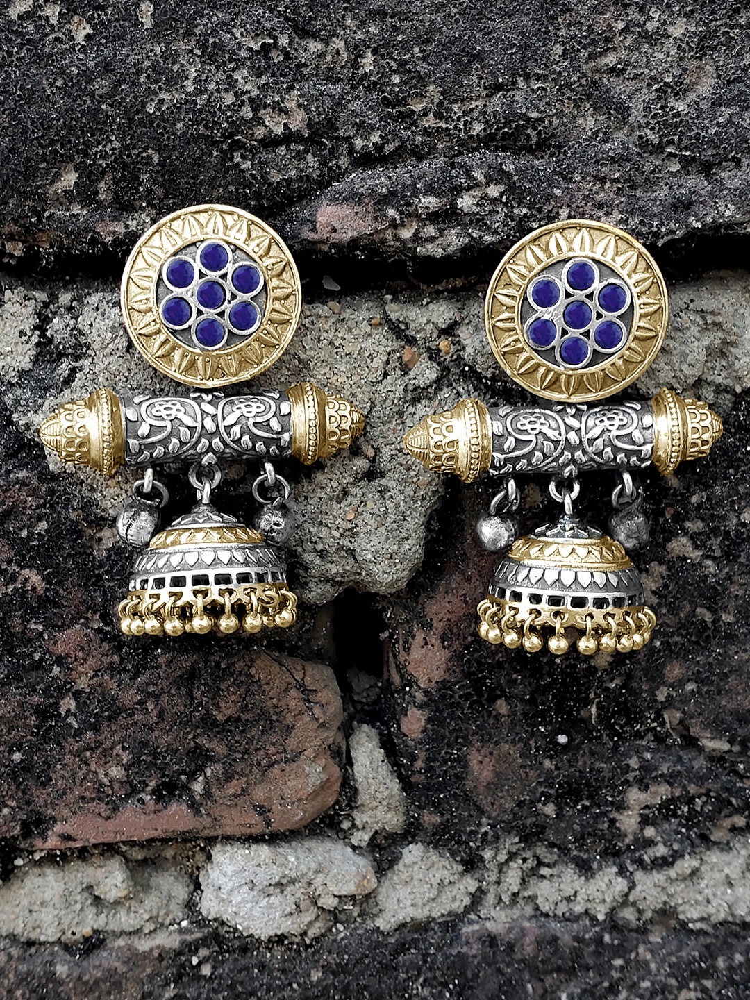 

Peora Oxidised Silver-Toned & Blue Dome Shaped Drop Earrings