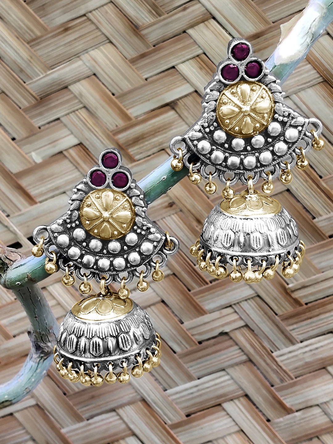 

Peora Silver-Toned & Gold-Toned Dome Shaped Jhumkas