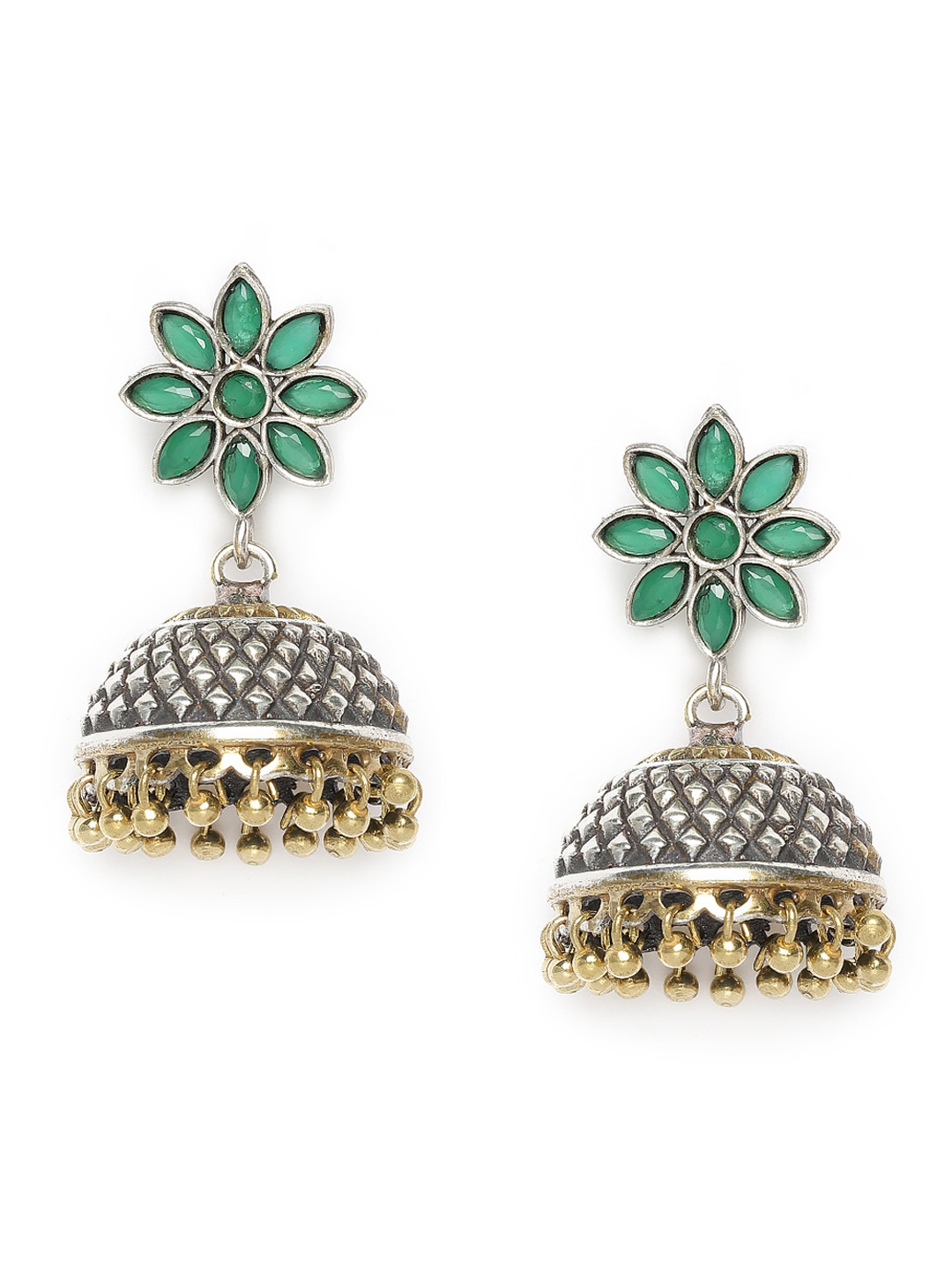 

Peora Green & Gold-Toned Silver-Plated Oxidised Dome Shaped Jhumkas