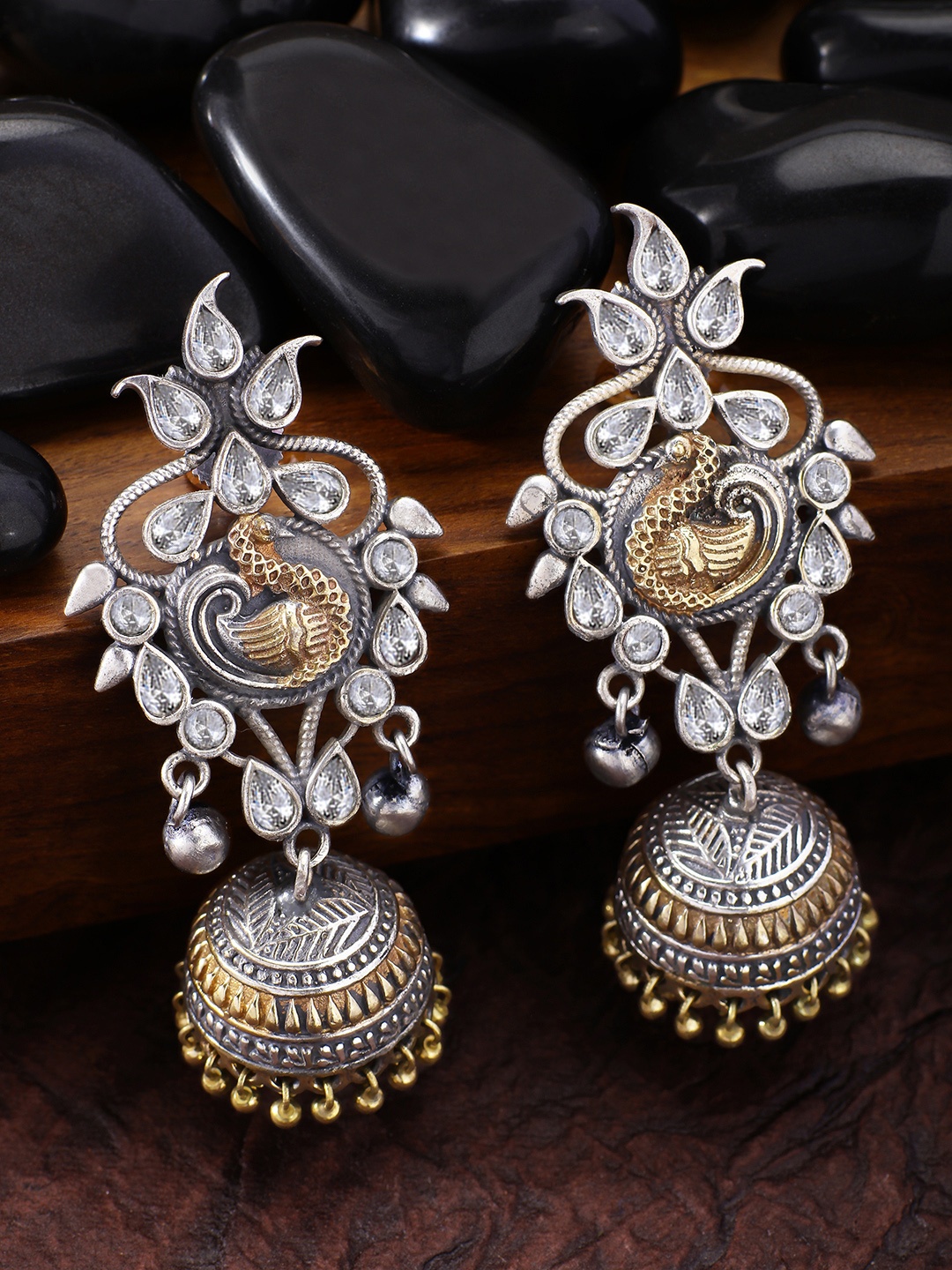 

Peora Oxidised Silver-Plated & Gold-Toned Peacock Shaped Drop Earrings