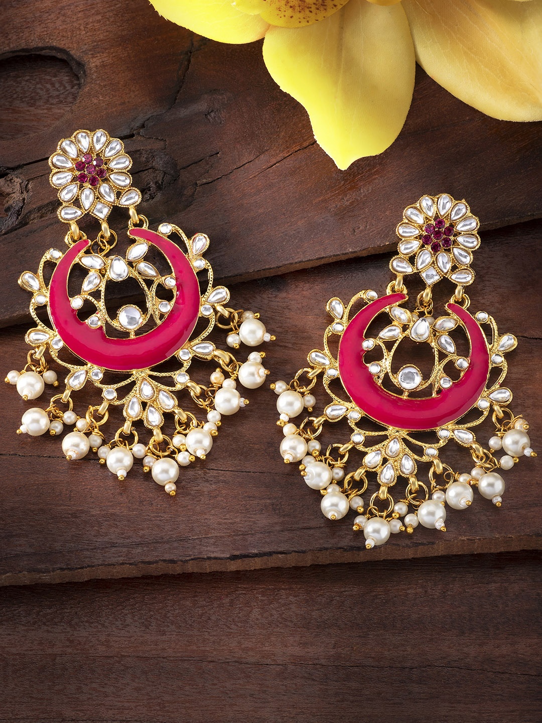 

Peora Gold-Plated & Magenta Kundan Classic Drop Earrings