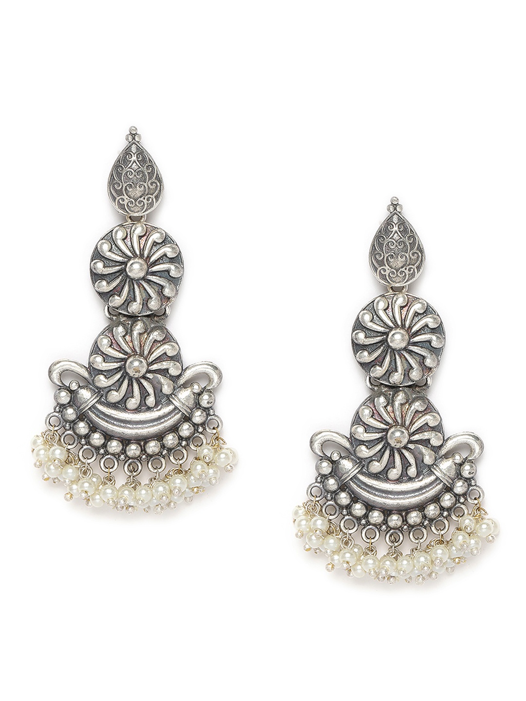 

Peora Silver-Plated & White Oxidised Crescent Shaped Chandbalis