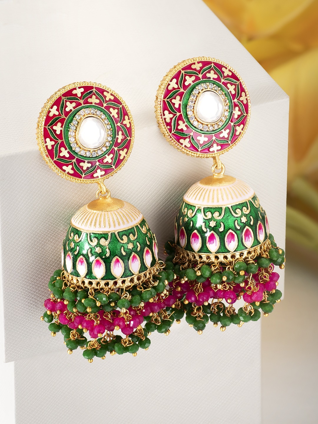 

Peora Green Gold-Plated Meenakari Dome Shaped Jhumkas