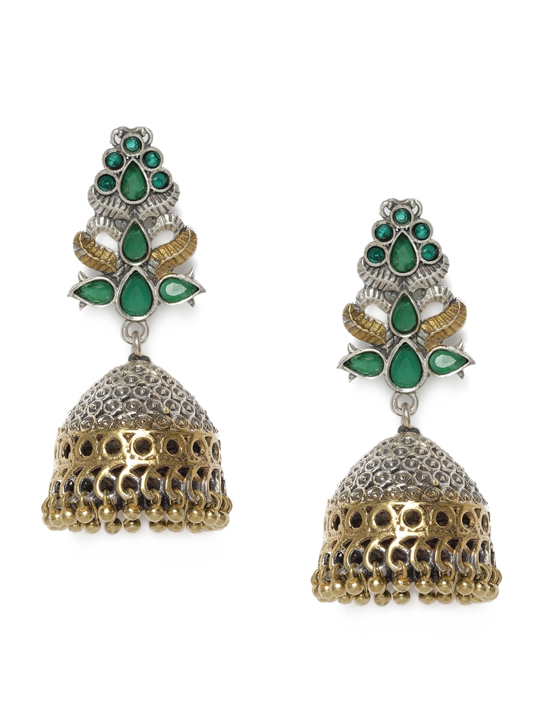

Peora Green & Silver-Plated Oxidised Dome Shaped Jhumkas