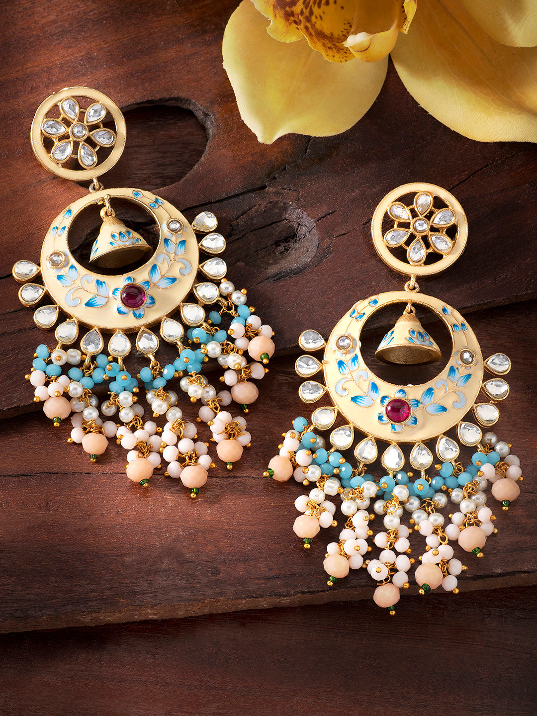 

Peora Cream-Coloured & Blue Gold-Plated Enamelled Meenakari Handcrafted Drop Earrings