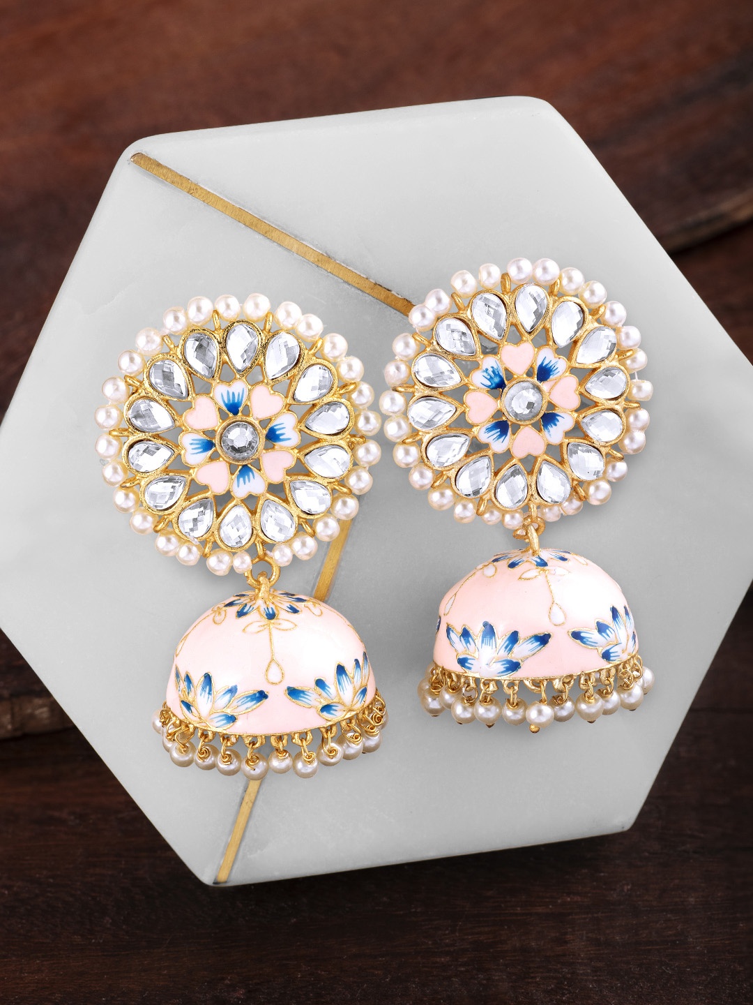 

Peora Peach-Coloured & Blue Gold-Plated Handcrafted Enamelled Meenakari Shaped Jhumkas