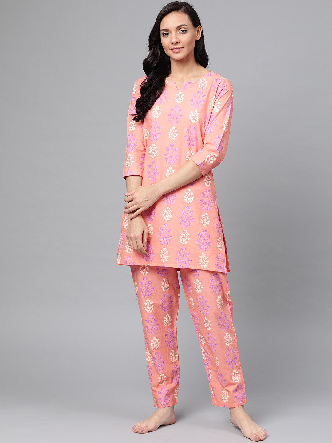 

Anubhutee Women Peach-Coloured & Purple Printed Cotton Night suit