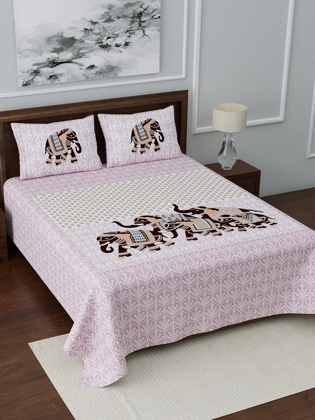 

LIVING ROOTS Pink & White Ethnic Motifs 144 TC Cotton 1 King Bedsheet with 2 Pillow Covers