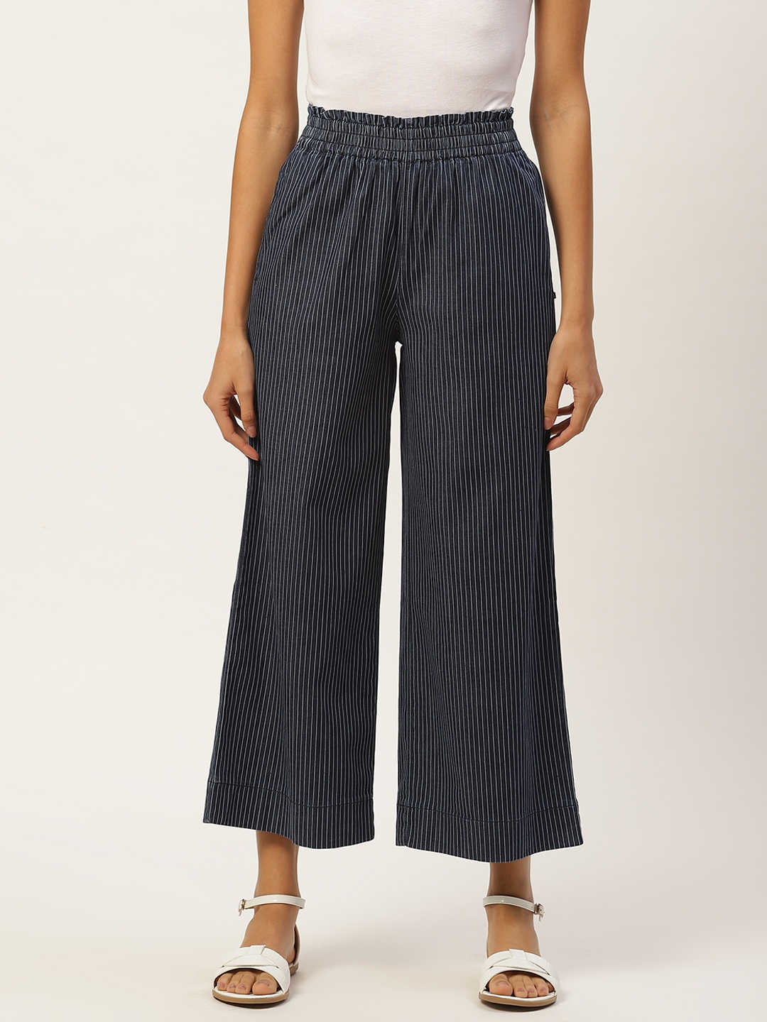 

Xpose Women Navy Blue & White Striped Wide Leg High Rise Cropped Parallel Trousers