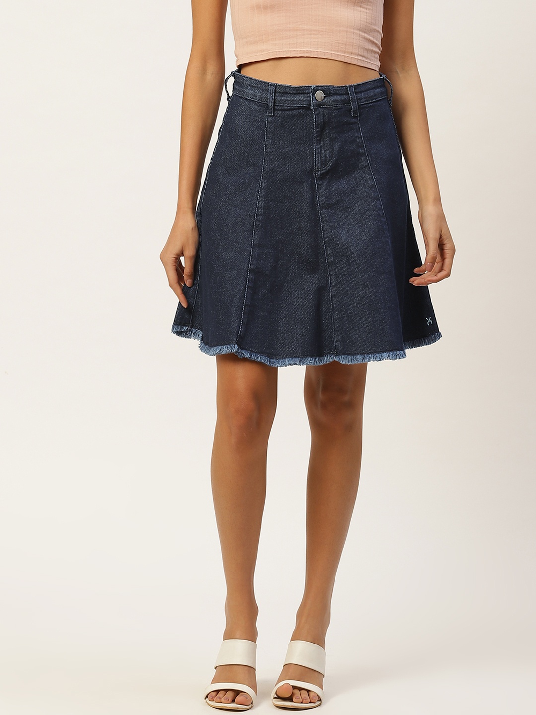 

Xpose Navy Blue Washed High-Rise Denim Stretchable A-Line Skirt