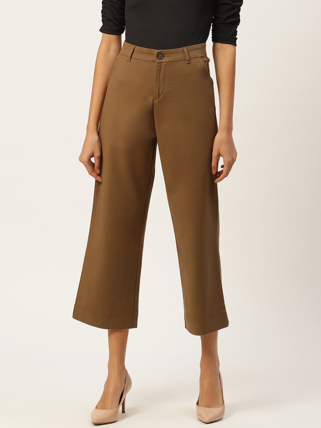 

Xpose Women Brown Solid High Rise Cropped Parallel Trousers