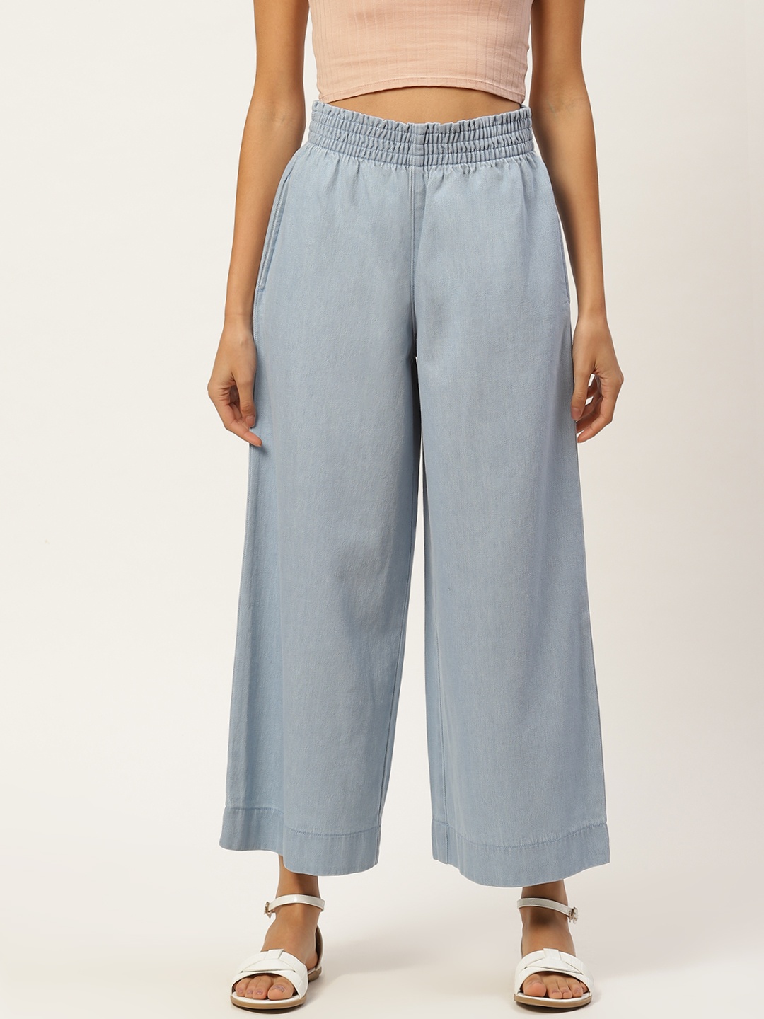 

Xpose Women Blue Solid Wide Leg High Rise Denim Parallel Trousers
