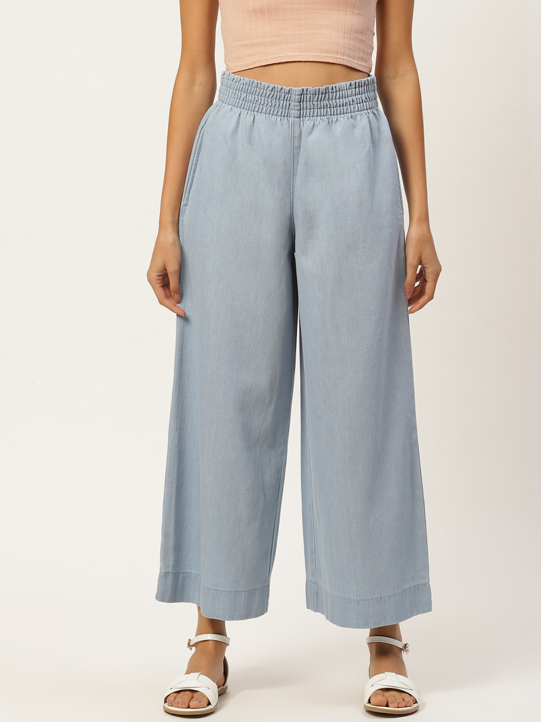 

Xpose Women Blue Solid Wide Leg High Rise Denim Parallel Trousers