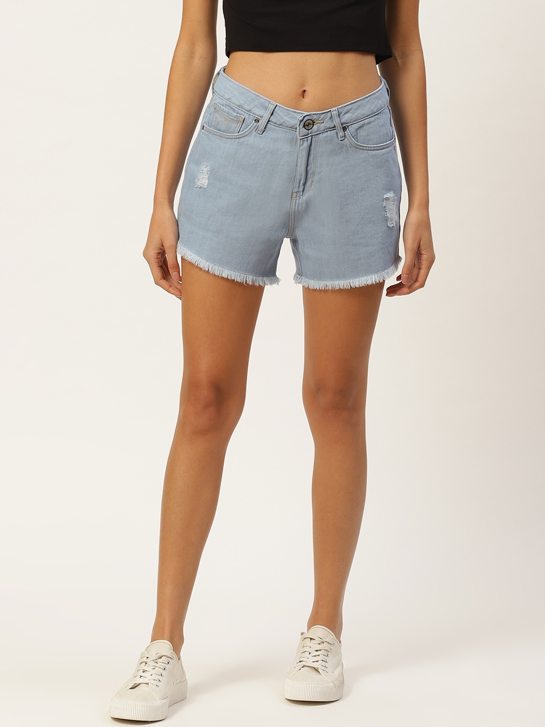 

Xpose Women Blue Solid Loose Fit Mild Distressed Denim Shorts