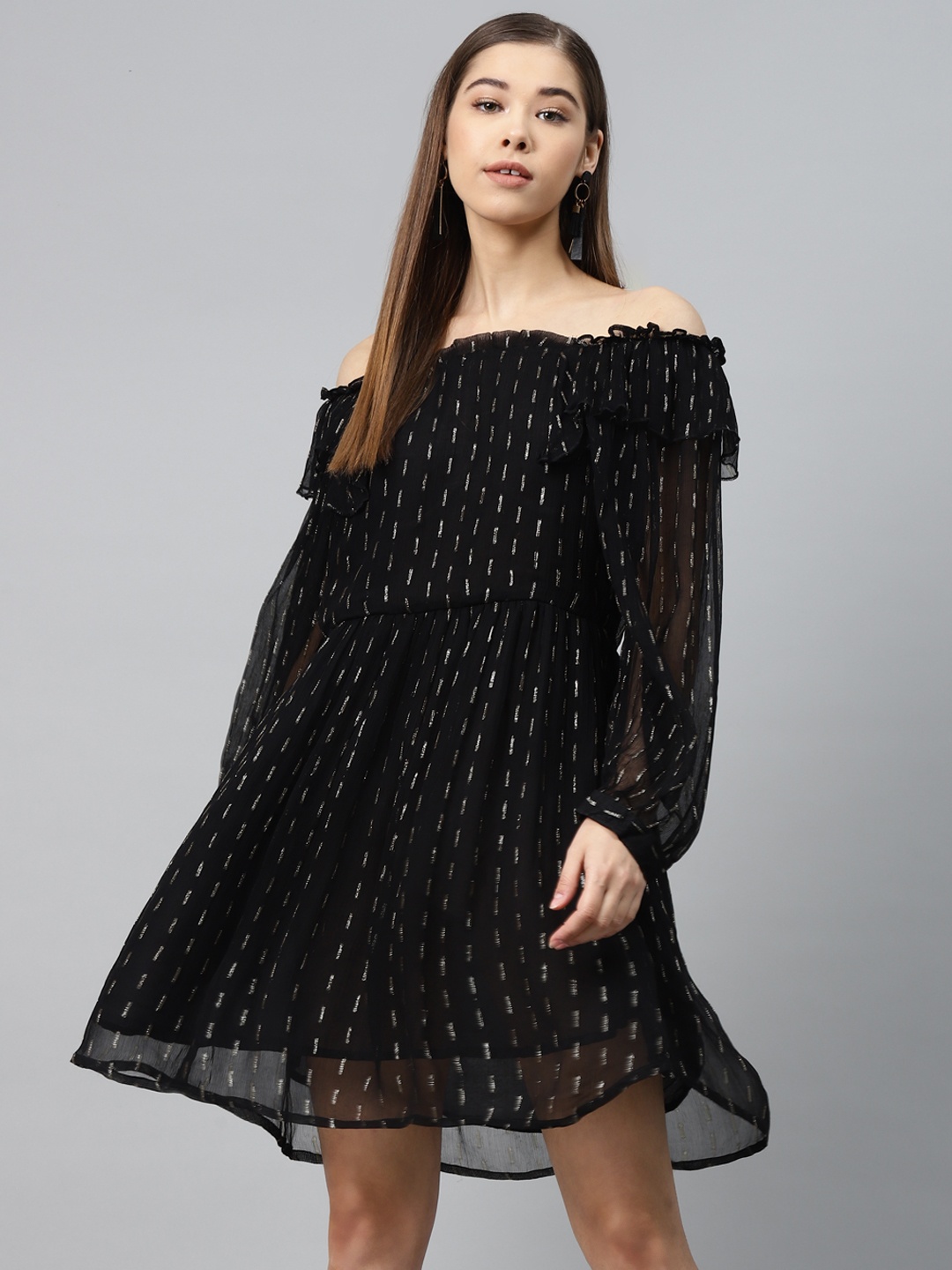 

SCOUP Women Black Self Design Off-Shoulder A-Line Dress