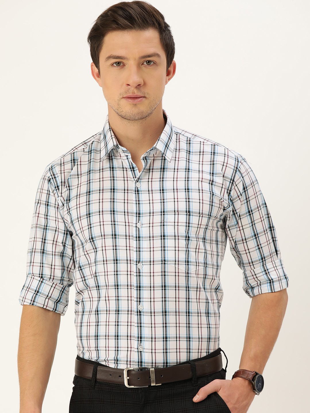 

Hancock Men White & Black Slim Fit Checked Formal Shirt