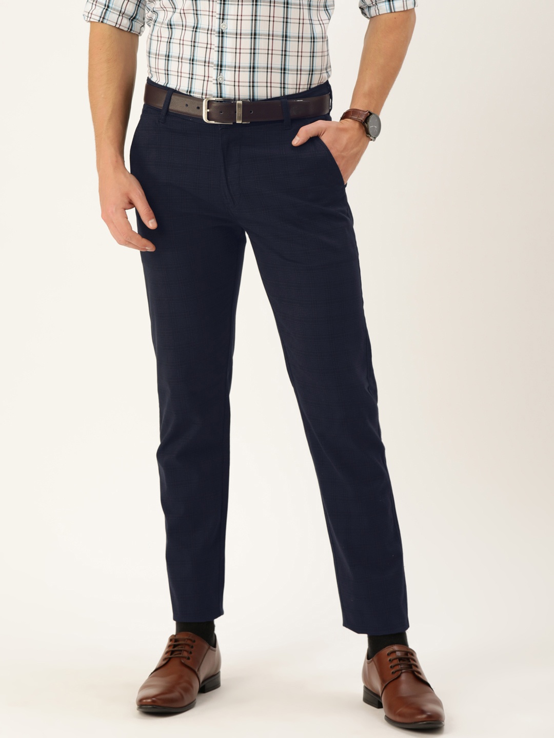 

Hancock Men Navy Blue Slim Fit Checked Formal Trousers