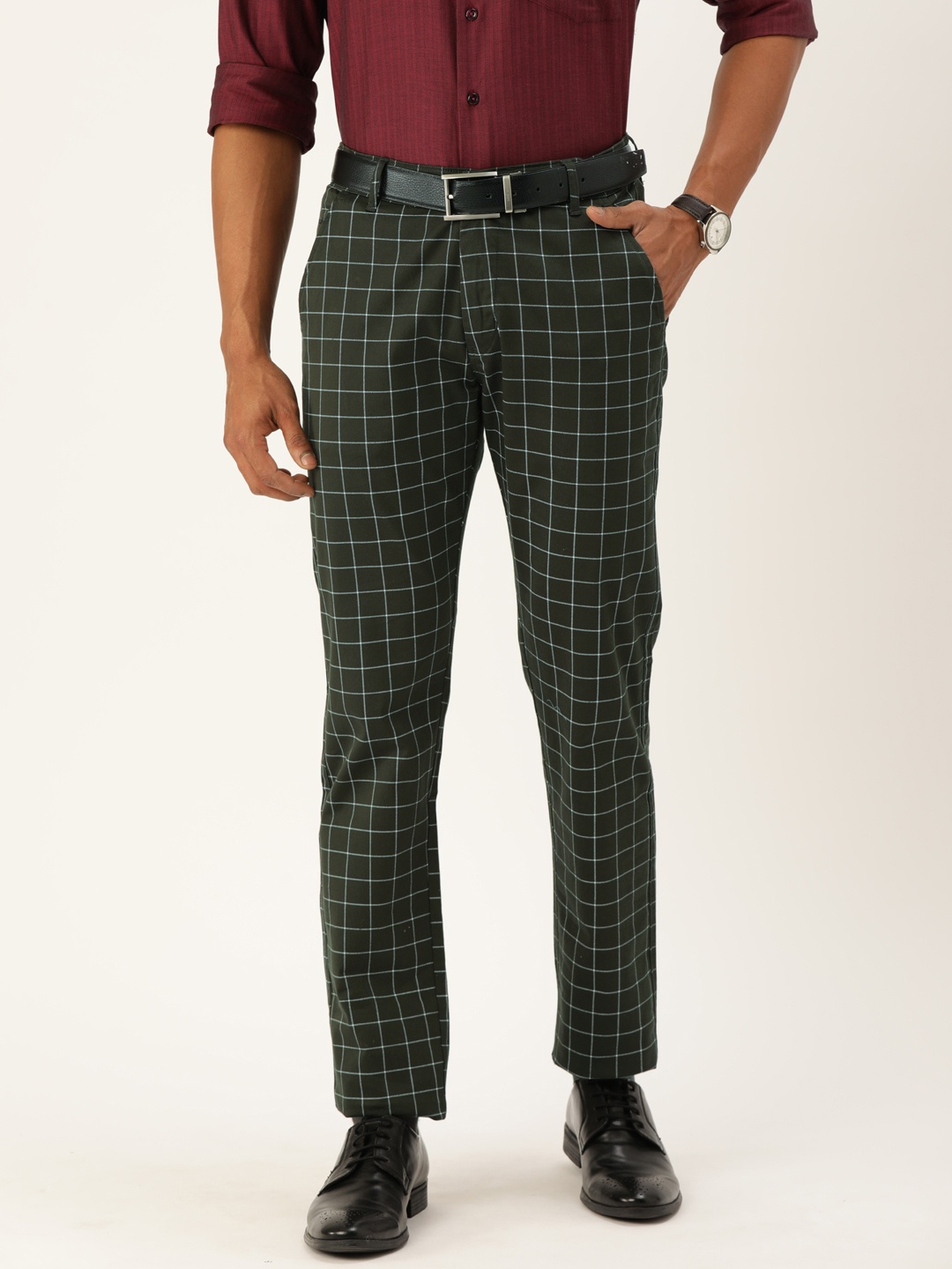 

Hancock Men Green & White Slim Fit Checked Formal Trousers