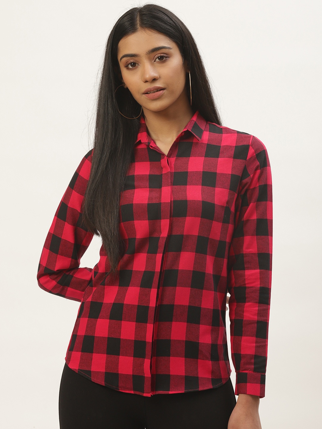 

Hancock Women Red & Black Pure Cotton Slim Fit Checked Formal Shirt