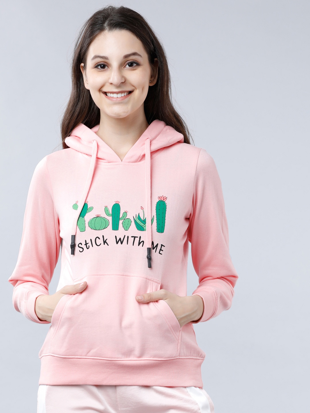 

Tokyo Talkies Women Pink & Green Printed Hooded Sweatshirt
