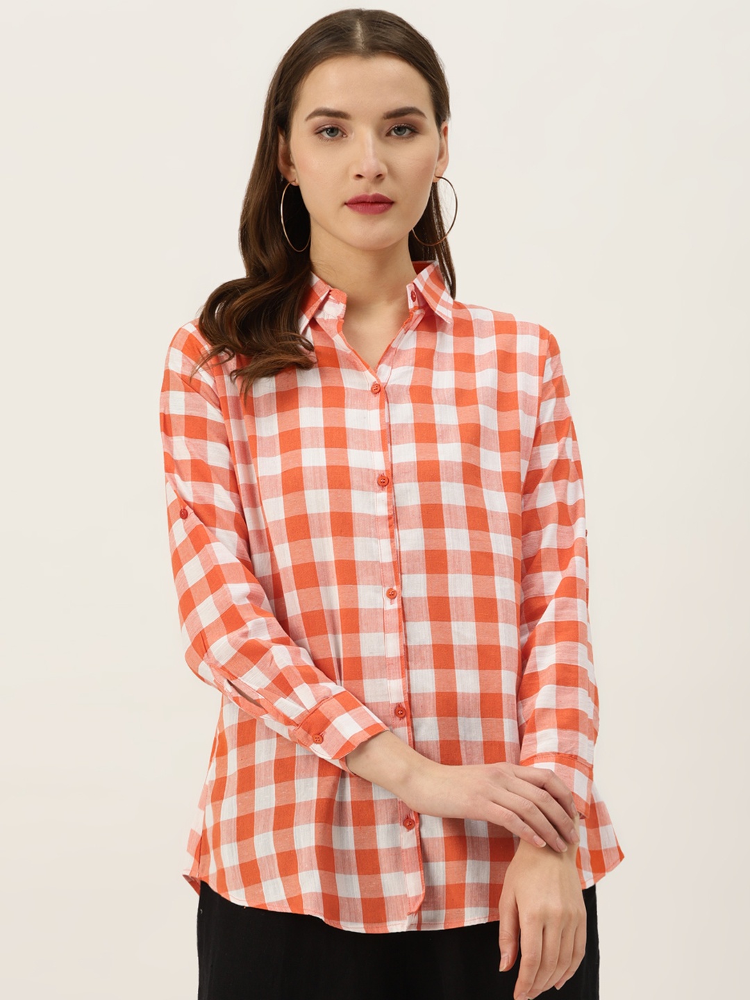 

Vastraa Fusion Women Orange & White Pure Cotton Regular Fit Checked Casual Shirt