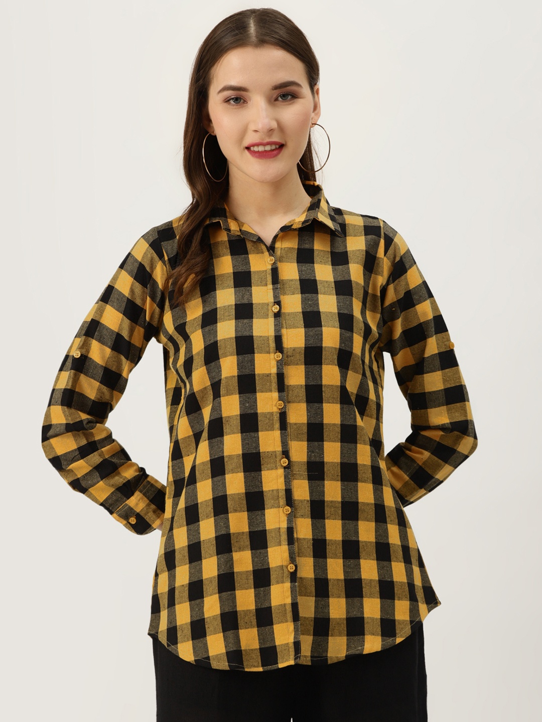 

Vastraa Fusion Women Yellow & Black Regular Fit Checked Casual Shirt