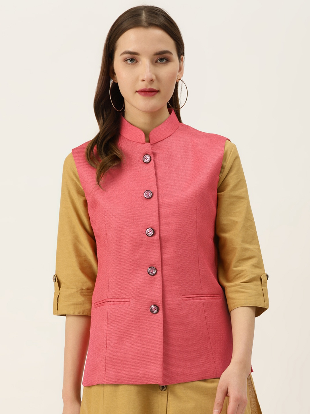 

Vastraa Fusion Women Pink Textured Nehru Jacket