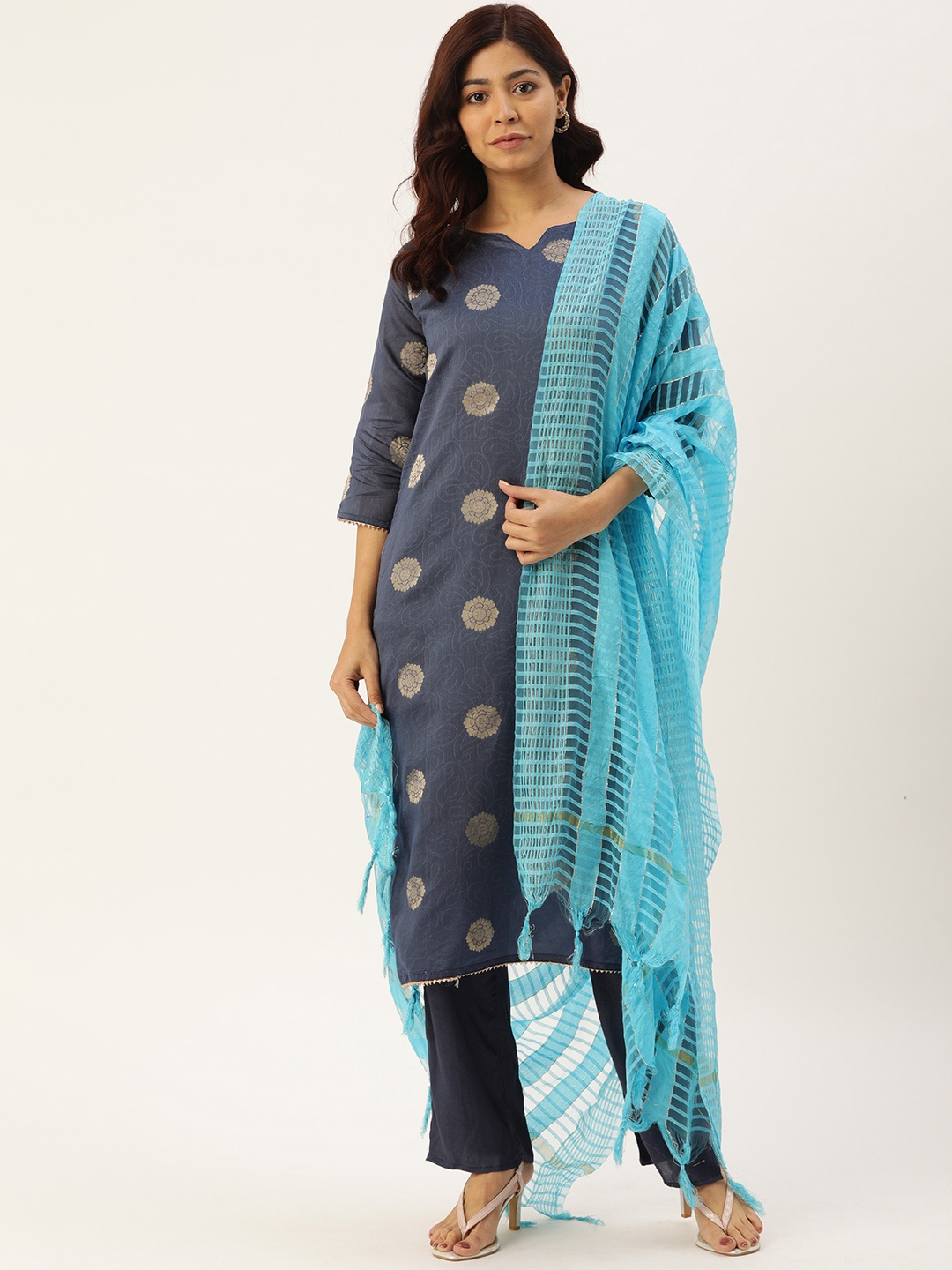 

CATCHY Women Navy Blue Woven Design Kurta with Trousers & Dupatta
