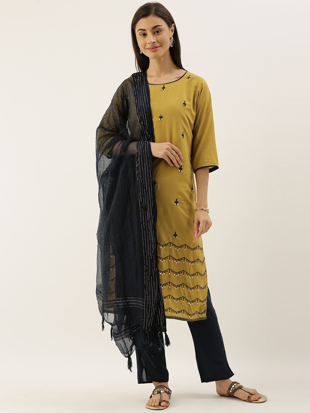 

CATCHY Women Mustard Yellow & Navy Blue Zari Embroidered Kurta with Trousers & Dupatta