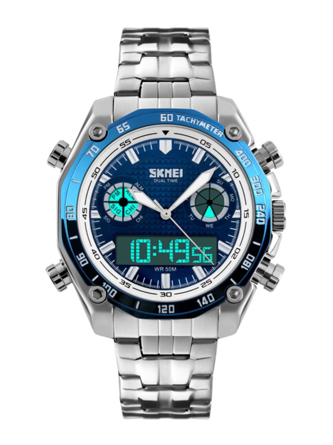 

Skmei Men Blue & Silver-Toned Analogue and Digital Multifunction Watch 1204