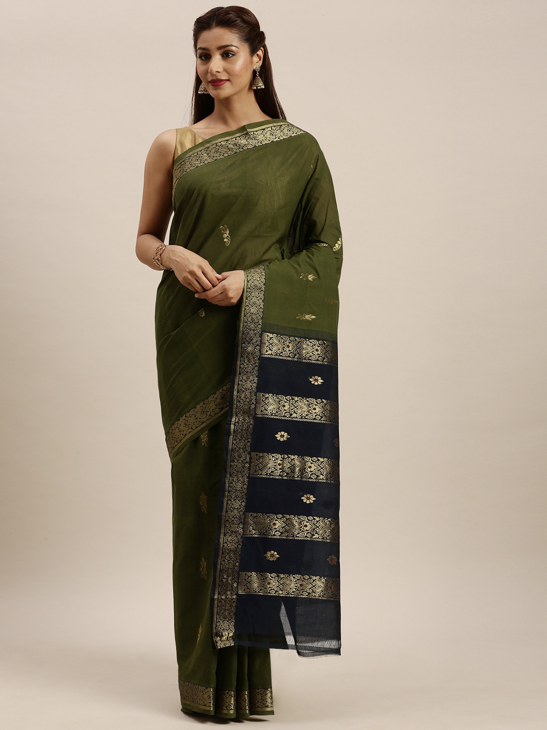 

APCO Olive Green & Gold-Toned Pure Cotton Woven Design Saree