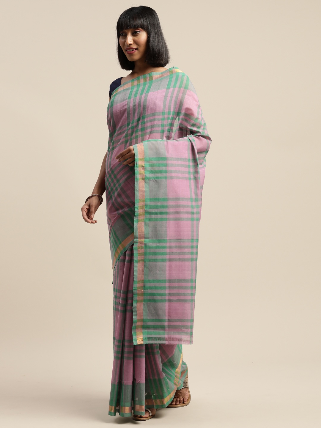 

APCO Pink & Green Pure Cotton Checked Sustainable Saree