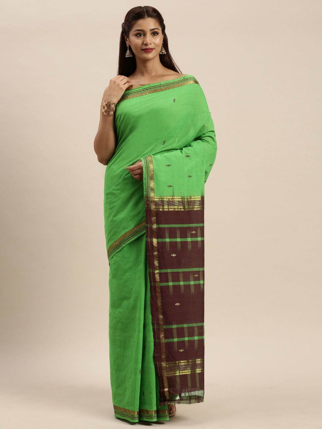 

APCO Lime Green & Brown Pure Cotton Woven Design Sustainable Saree