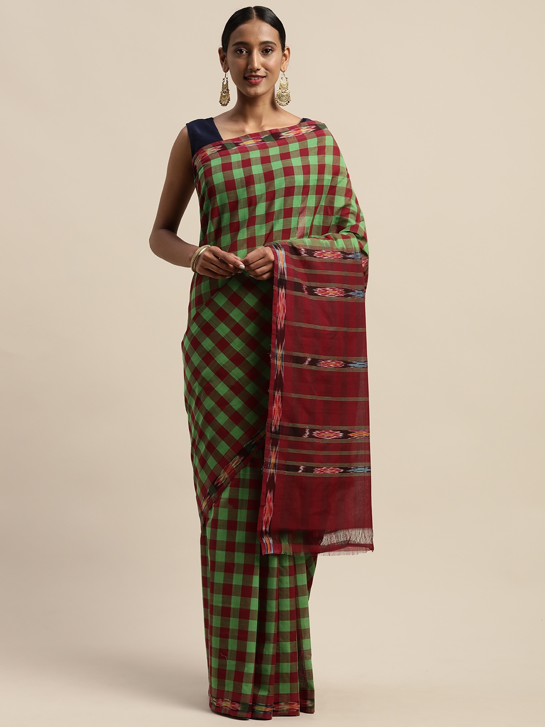 

APCO Green & Maroon Pure Cotton Checked Sustainable Saree