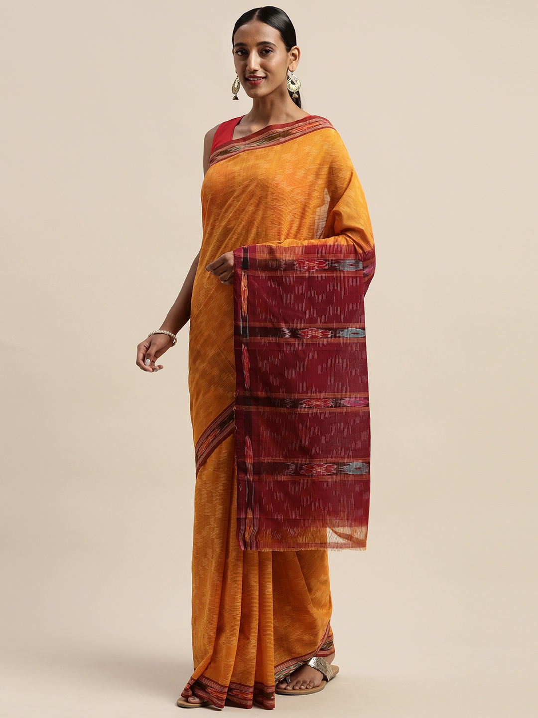 

APCO Mustard Yellow & Maroon Pure Cotton Striped Sustainable Saree